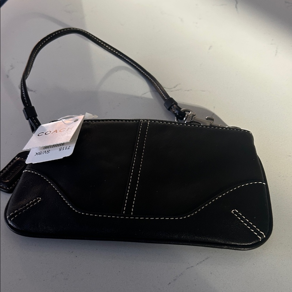 Coach Black Leather Wristlet with Stitch Detail